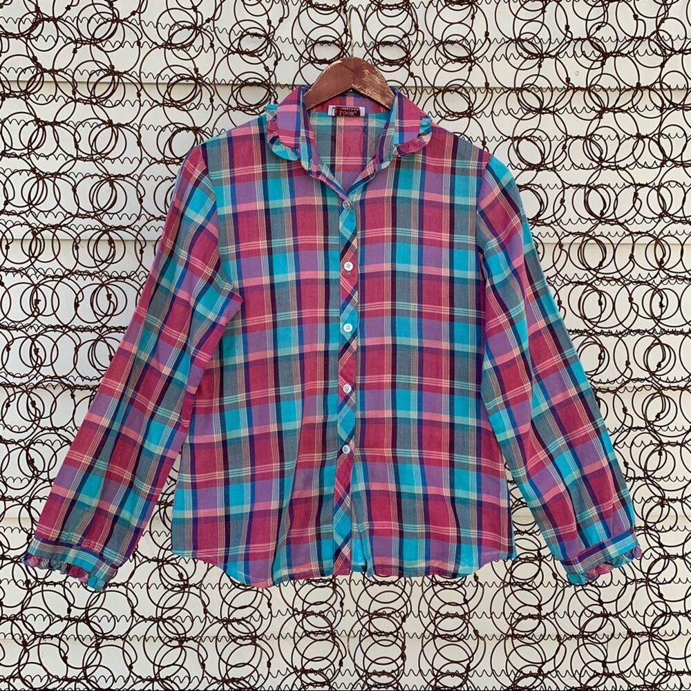 Vintage 70s Bobbie Brooks plaid long sleeve blouse MEDIUM? reddish pink blue